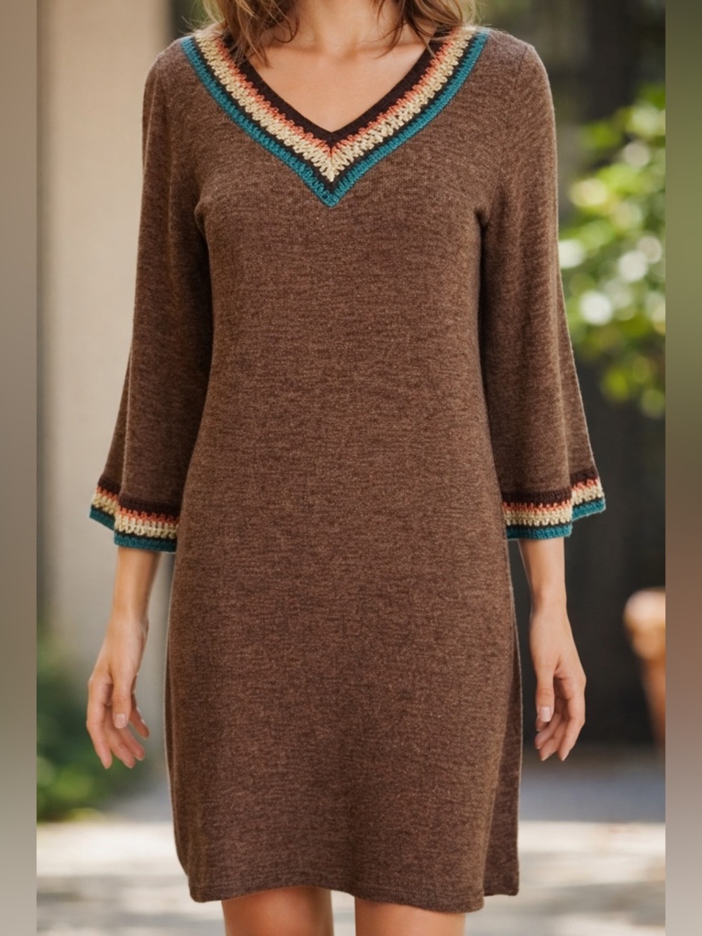 Boho Sweater Dress M Brown Marled Crochet Trim Bell Sleeve Knit